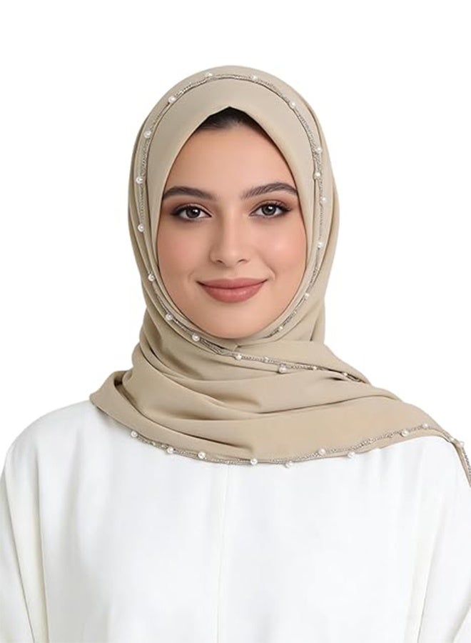 حجاب أنيق مزين بالخرز واللؤلؤ للنساء، مصنوع من الشيفون الحريري، حجاب إسلامي جاهز للاستخدام، غطاء رأس، شال طويل - Image 3